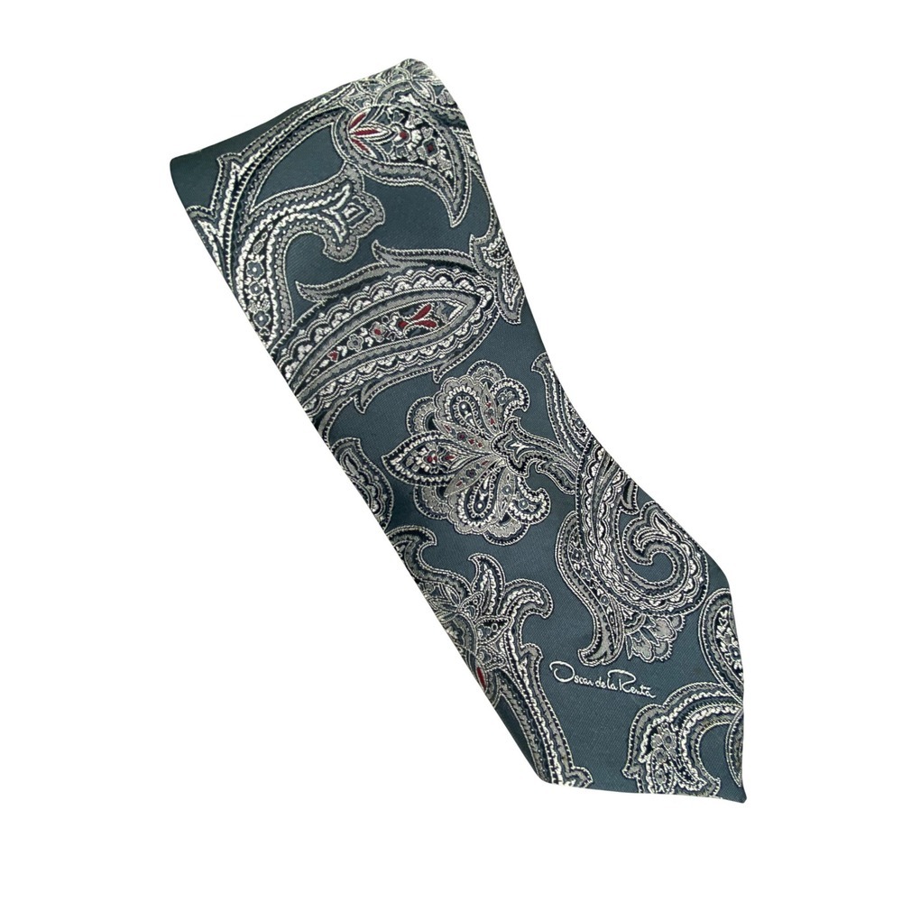 Oscar de la Renta Mens Tie Gray Paisley Silk Designer Formal Necktie 57X4